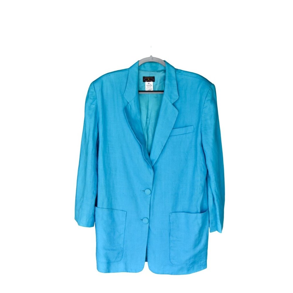 Women's Vintage Charter Club by Jane Justin Turquoise Linen Blazer Pockets 10